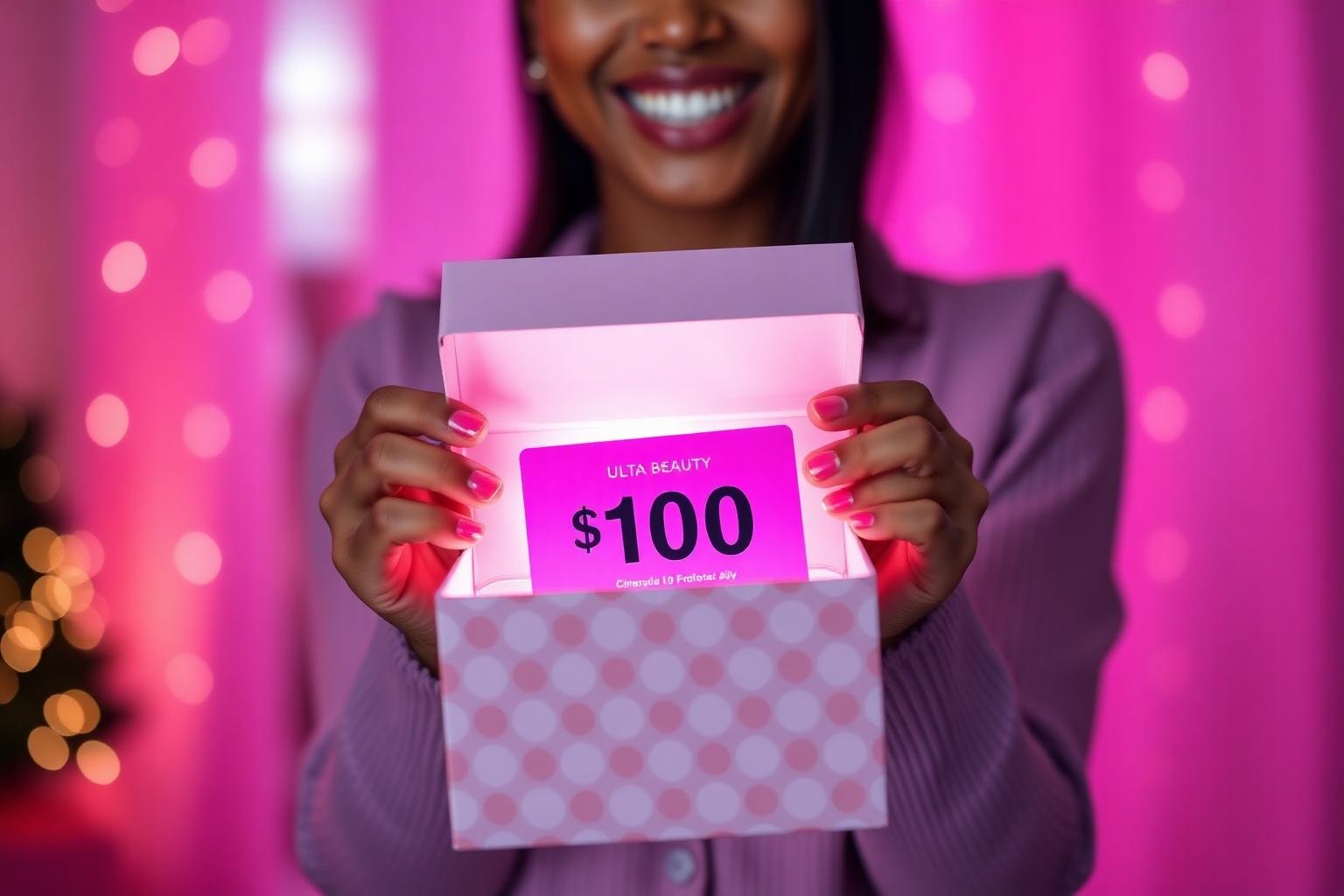 Woman unboxing a $100 Ulta Beauty gift card